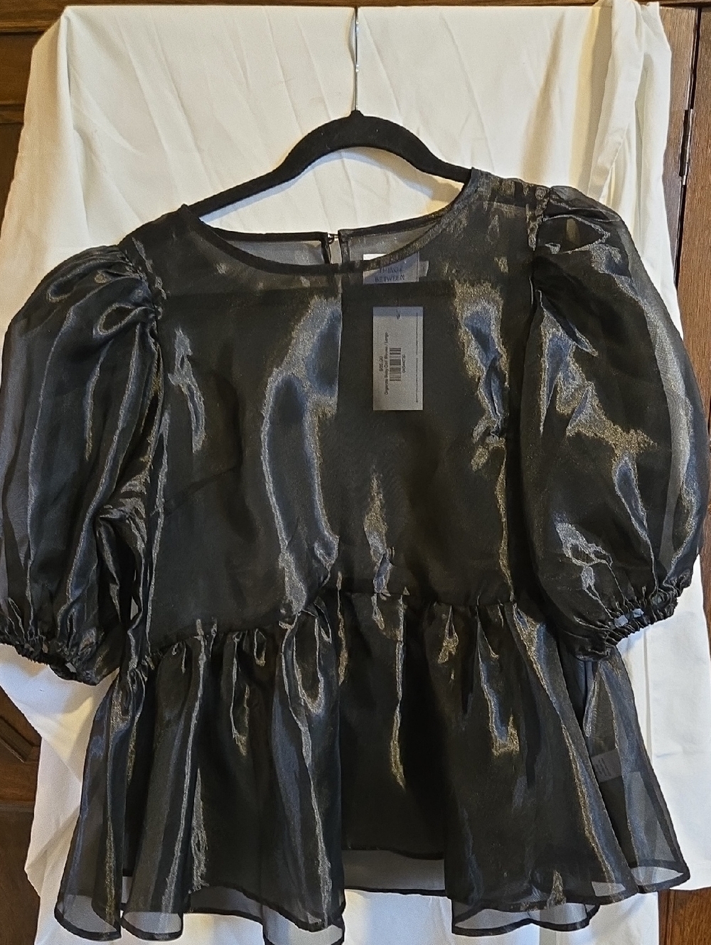 Organza Puff-Sleeve Peplum Top - Black Size L
